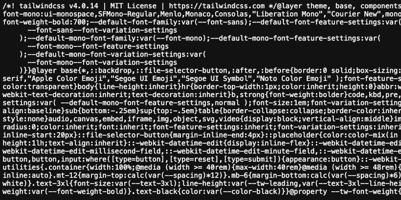 Viewing the Source for the CSS Shows the Compiled Tailwind CSS